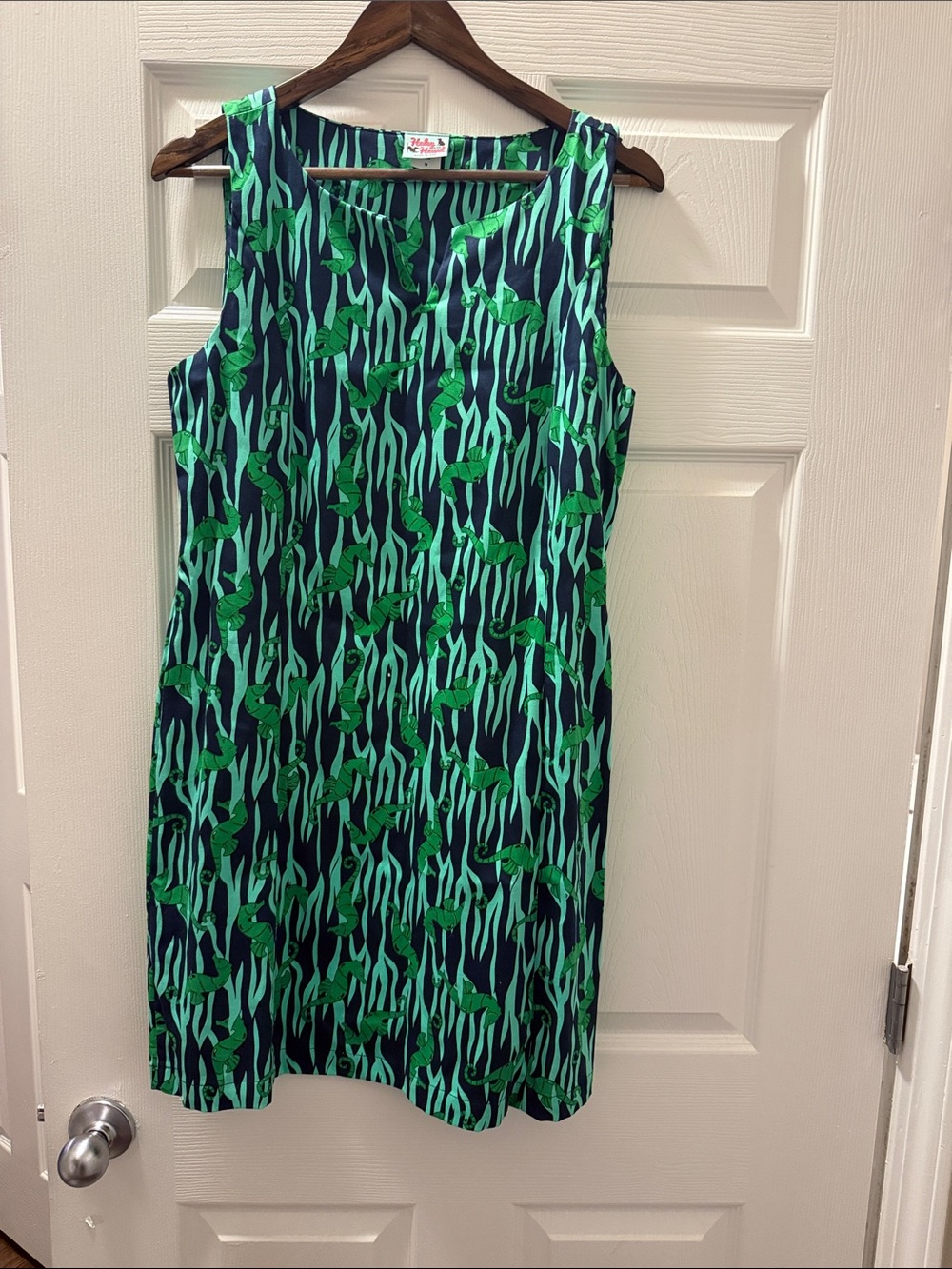 Sleeveless Navy Midi Dress with Green Wave & Leaf Print
